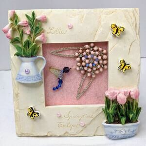 Artisan Hummingbird Jewelry Art Garden Nature Frame Vintage Beaded Crystals 3D